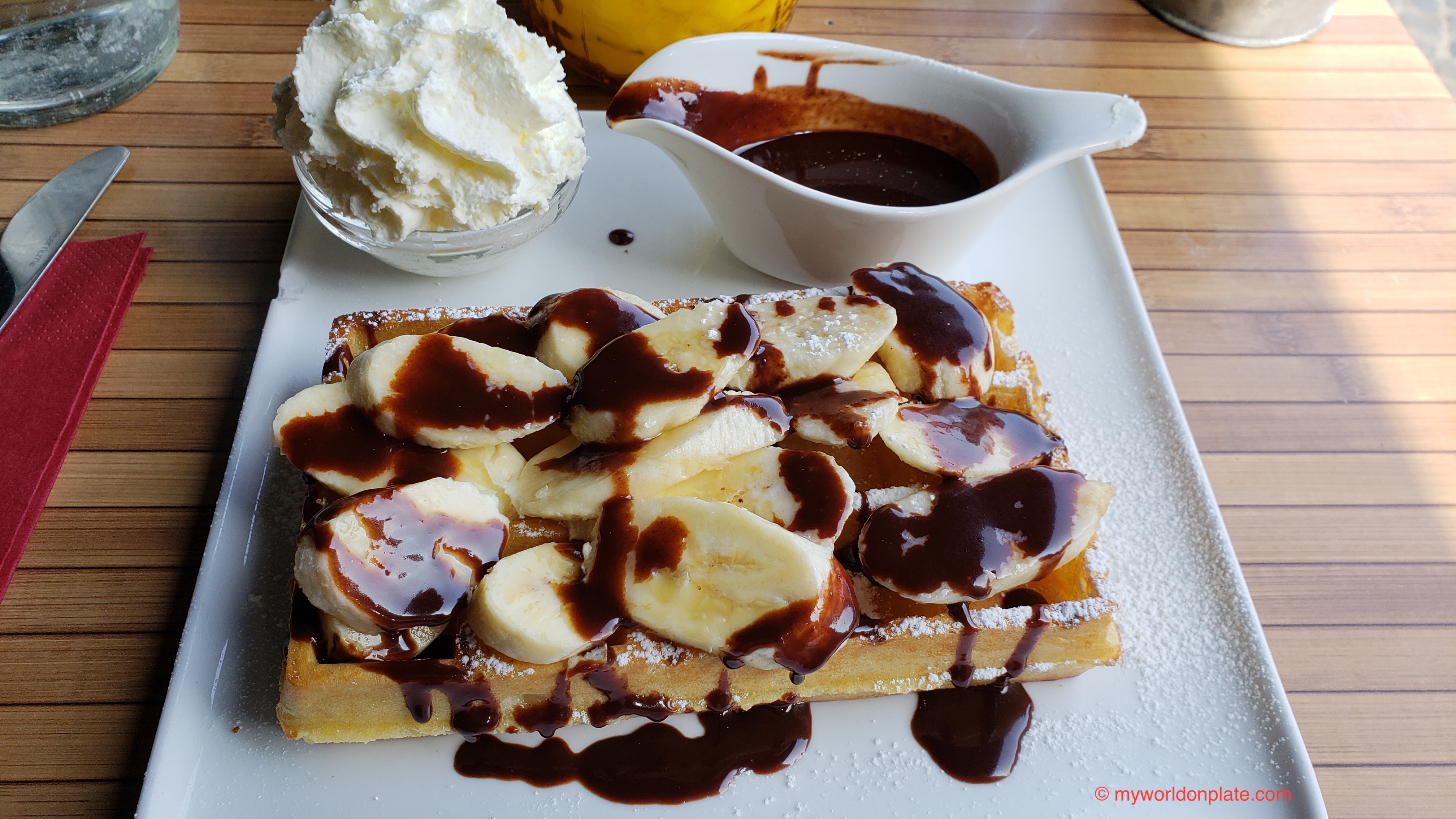 Waffles Bananas And Chocolate Sauce